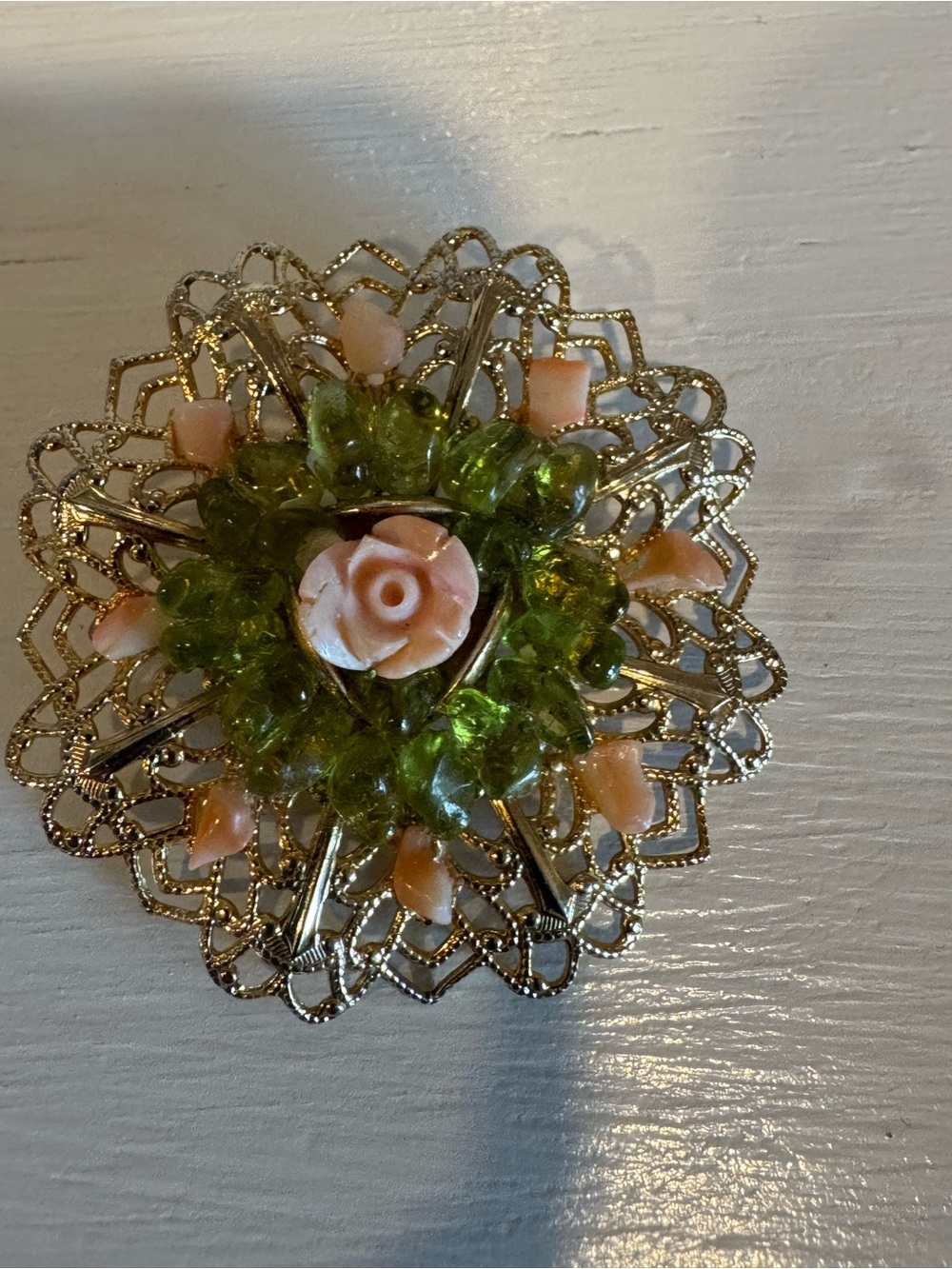 Gold Filigree Floral Brooch with Peach and Green Accents - Picture 5 of 9